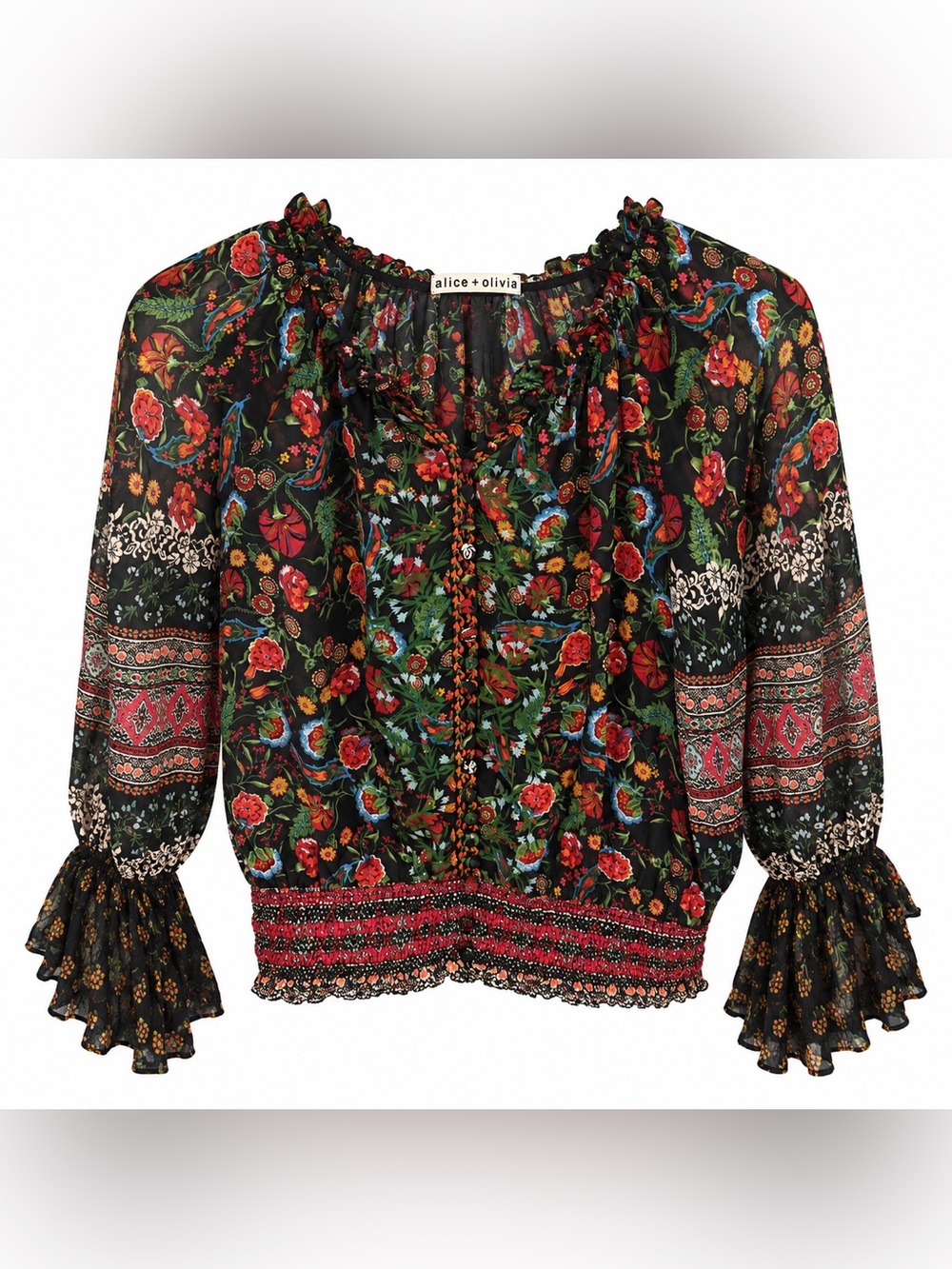 Alice + Olivia Women’s S Black Floral Paisley Ruffle Blouse Smocked Boho Top